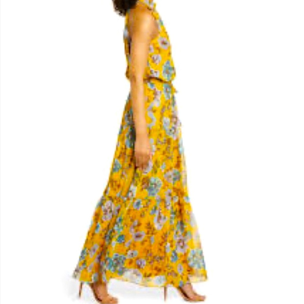 JULIA JORDAN maxi dress mustard yellow blue floral tiered lined chiffon size 16 - Picture 2 of 15